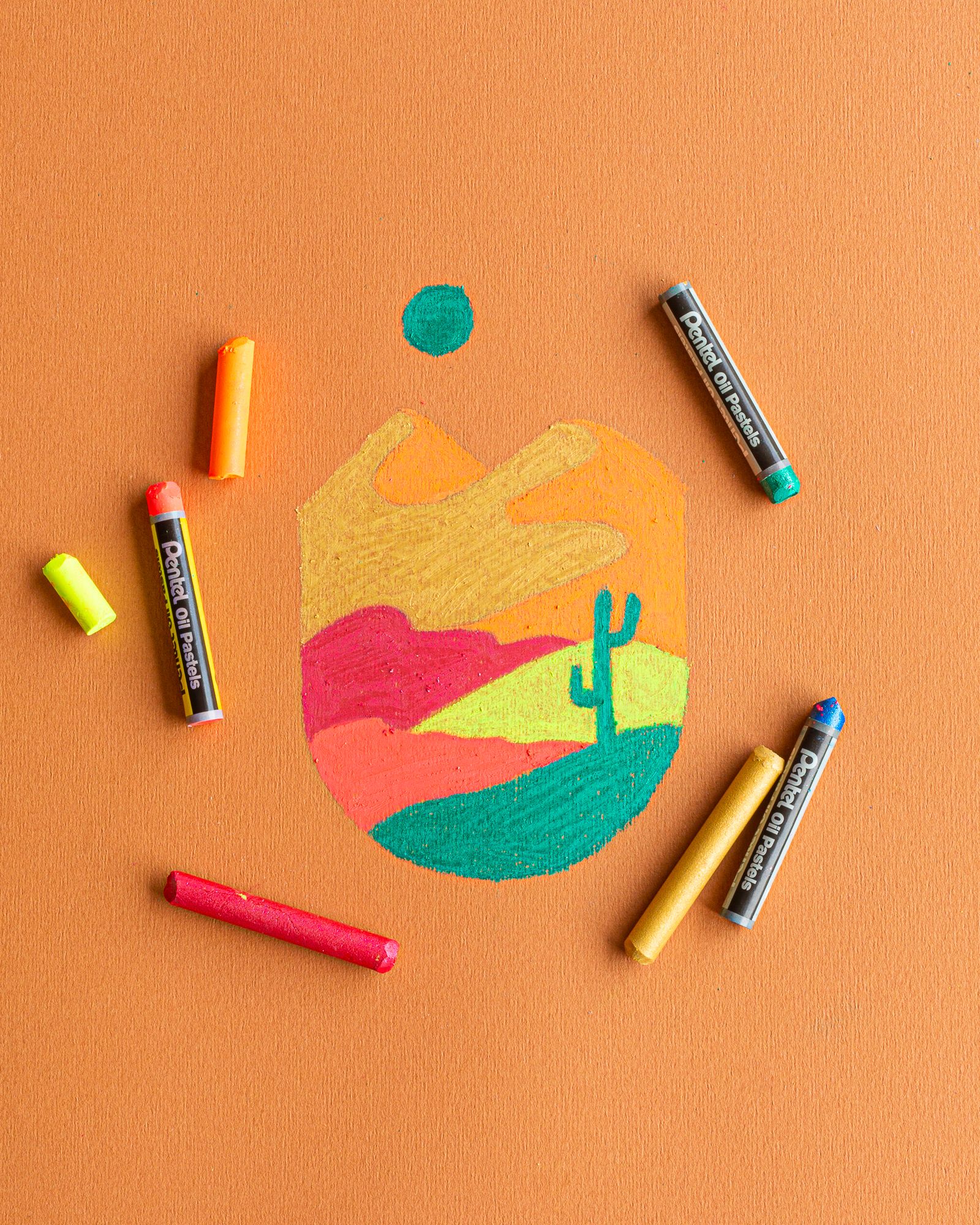 Pentel Oil Pastels, paysage désert cactus