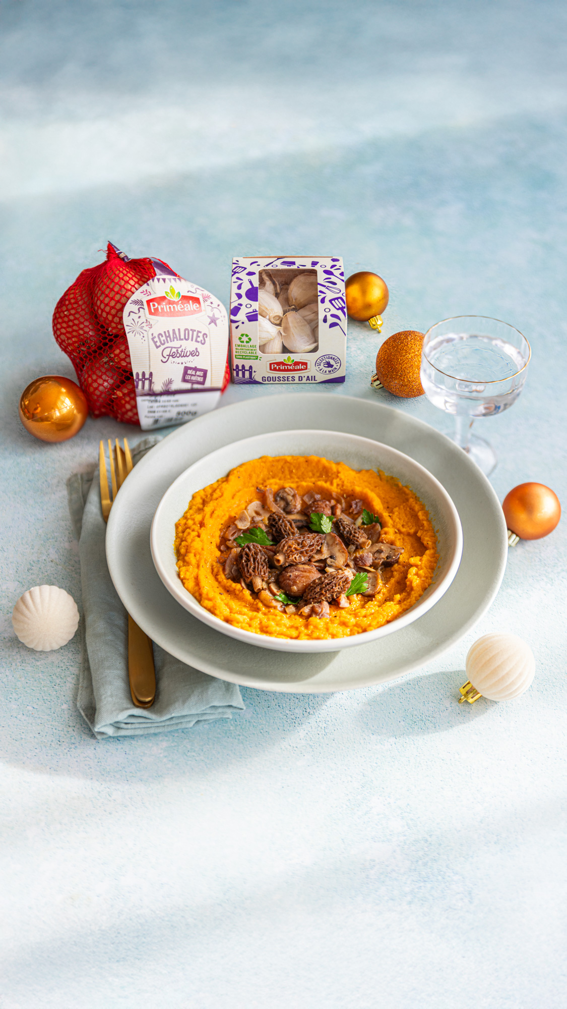 Priméale Echalotes Festives, polenta patate douce morilles