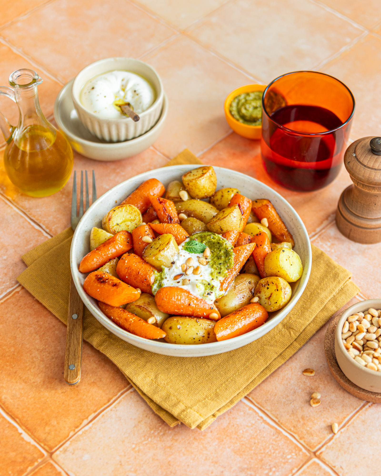 Priméale, bowl carottes rôties pommes de terre pesto